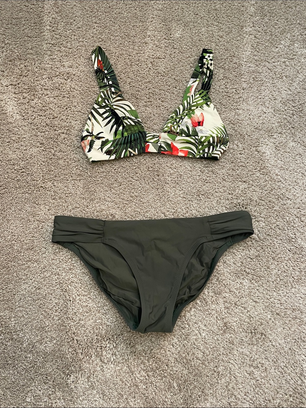 Helen Jon Tropical Leaf Print Bikini Top with Olive Green Bottoms